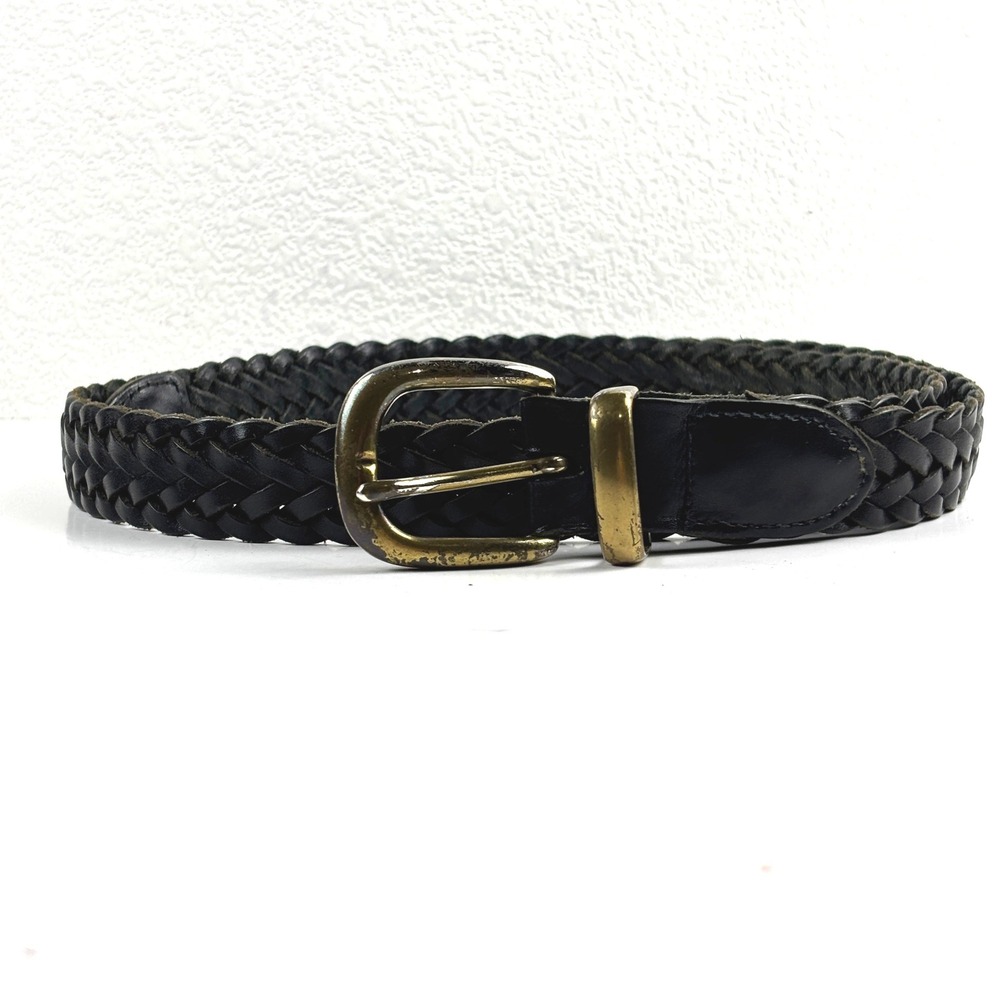 Braided Belt Mens 36 Black Woven Leather Brass Buckle Classic Equestrian Preppy